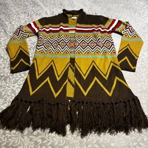 Boho Southwestern Fringe Open Front Cardigan Sweater Brown S/M